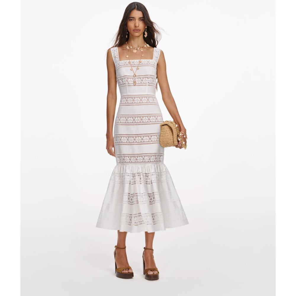 Self Portrait White Cotton Embroidered Midi Dress